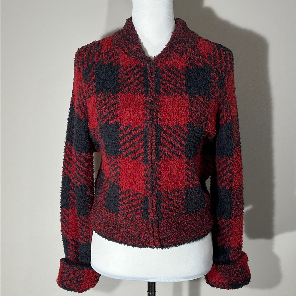 NWT SKIMS Cropped Fleece Jacket Black/Red Sz L/XL